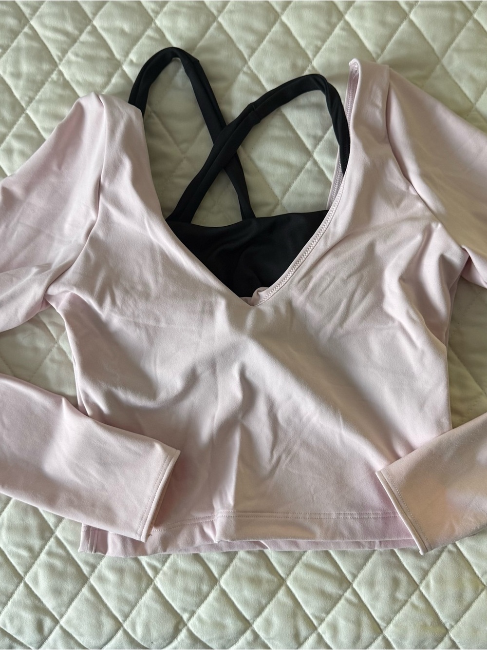 Gilly Hicks Light Pink Long Sleeve V-Neck Top with Black Strappy Sports Bra